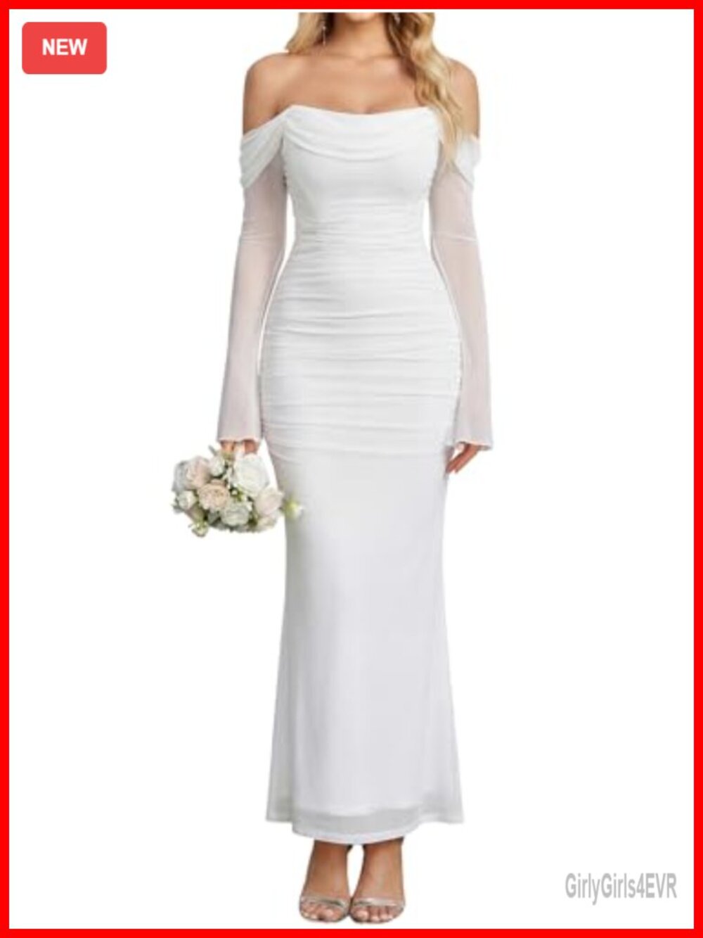 Off Shoulder Long Sleeve Corset Mesh Formal Maxi Dress